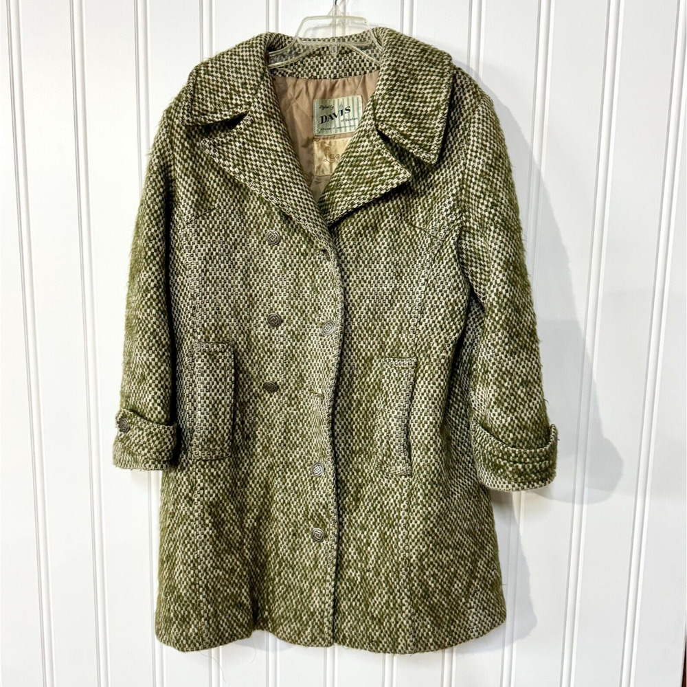 Vintage‎ DAVIS OF BOSTON LAZAROUS Pea Coat Women Green Woven Double Breasted